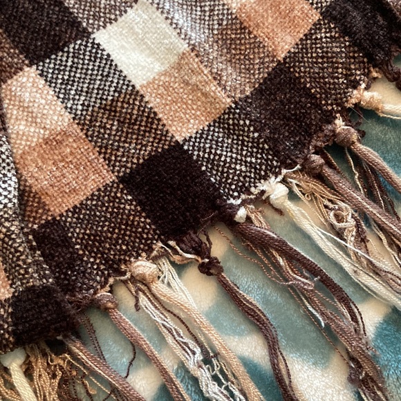 Shades of brown, tan and cream plaid micro-chenille scarf/wrap/shawl with fringe - Picture 2 of 3